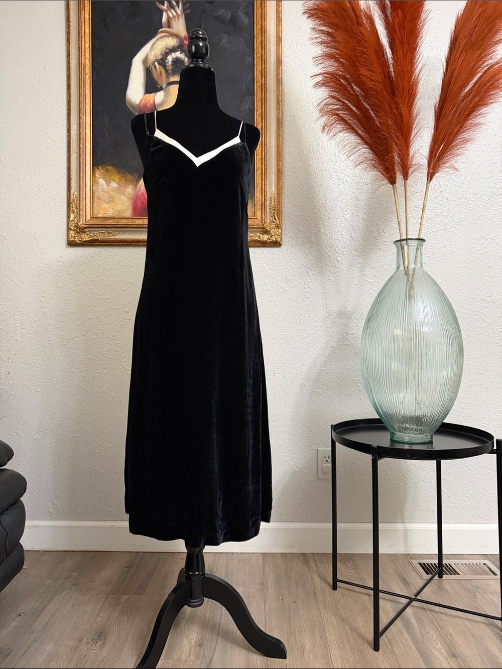 Silky Miracle Black Velvet/ silk Slip Dress with White Trim